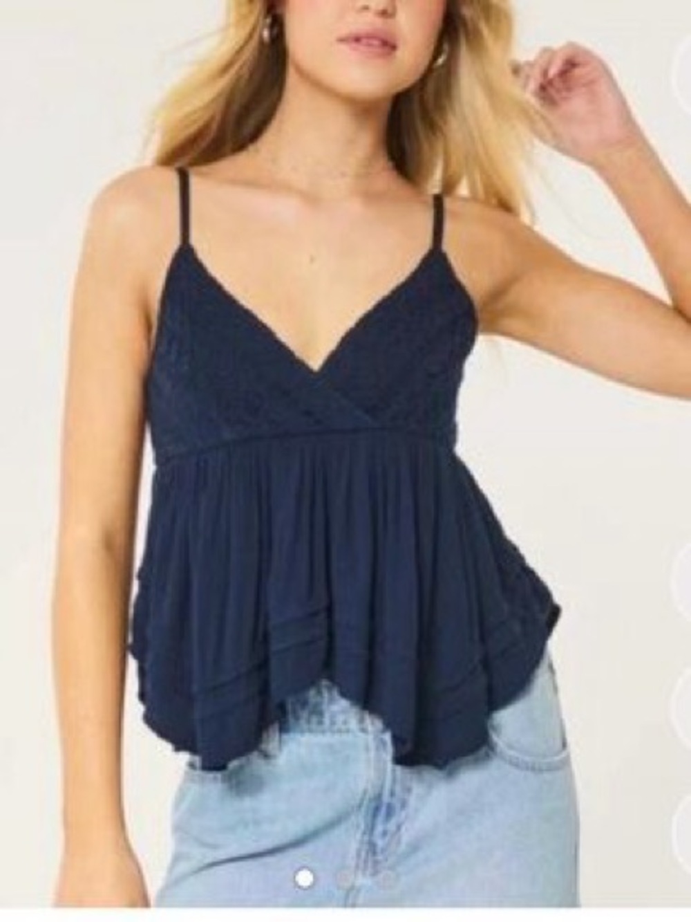 Hollister Navy Lace Trim Spaghetti Strap Tank Top - Women